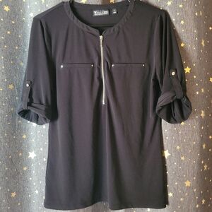 New York & Co | Black Blouse with Zipper and Sleeve Roll Tabs Medium